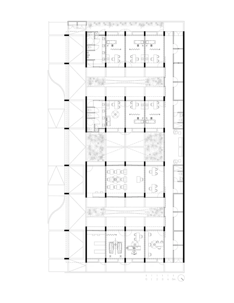 Floor plan drawing showing courtyard-centered layout with perimeter offices and planted terraces