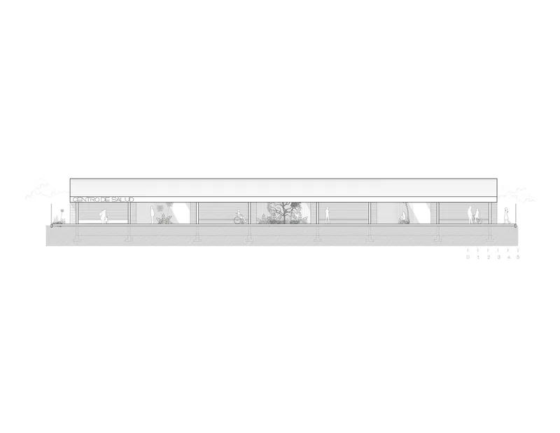 Elevation drawing of a long horizontal structure with glazed openings and silhouetted figures inside