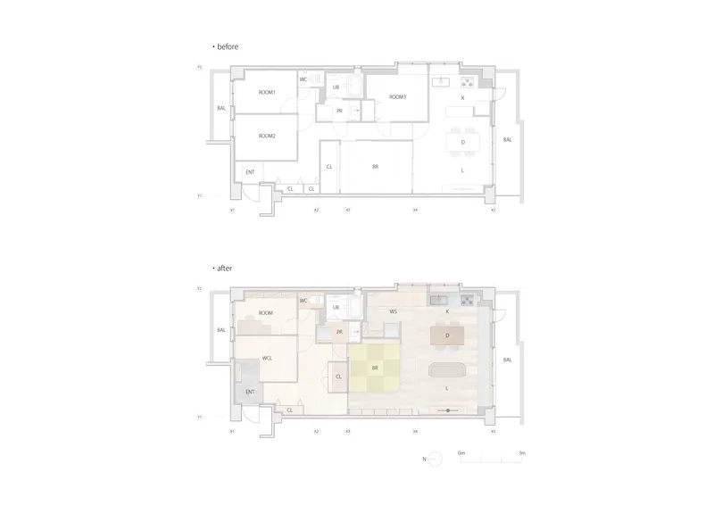 Before and after floor plan drawings showing the reorganization of room divisions and circulation patterns
