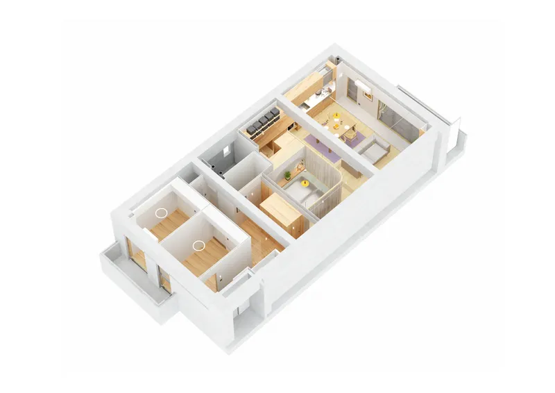 Axonometric drawing revealing the interior layout with wood flooring and partitions separating multiple rooms