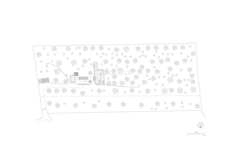 Site plan drawing showing dispersed buildings within an orchard of circular tree canopies