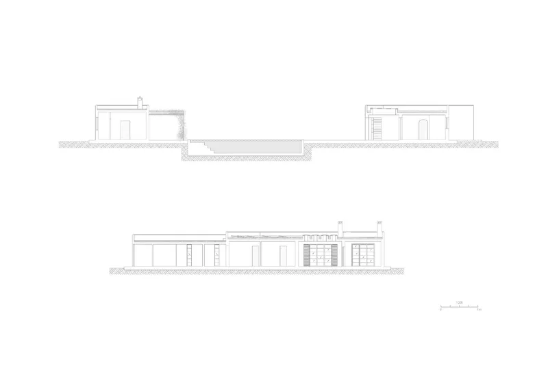 Section and elevation drawings showing low horizontal volumes with flat roofs and varied interior heights