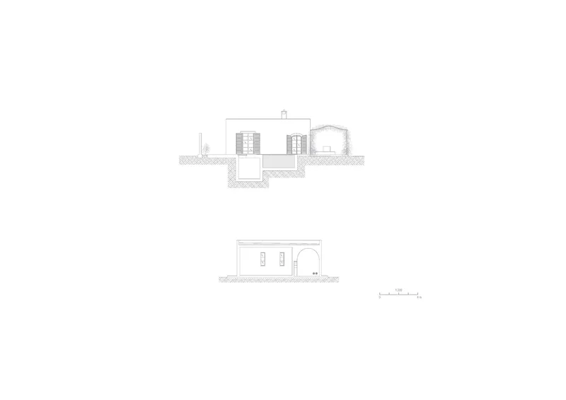 Section and elevation drawings depicting split-level volumes and a facade with arched opening