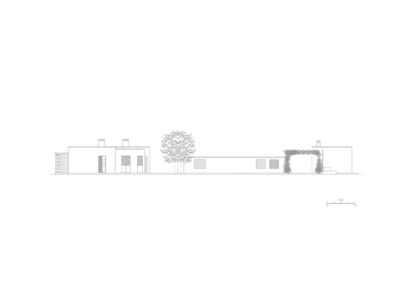 Elevation drawing showing linear volumes with rectangular openings flanked by a tree and vine-covered mass