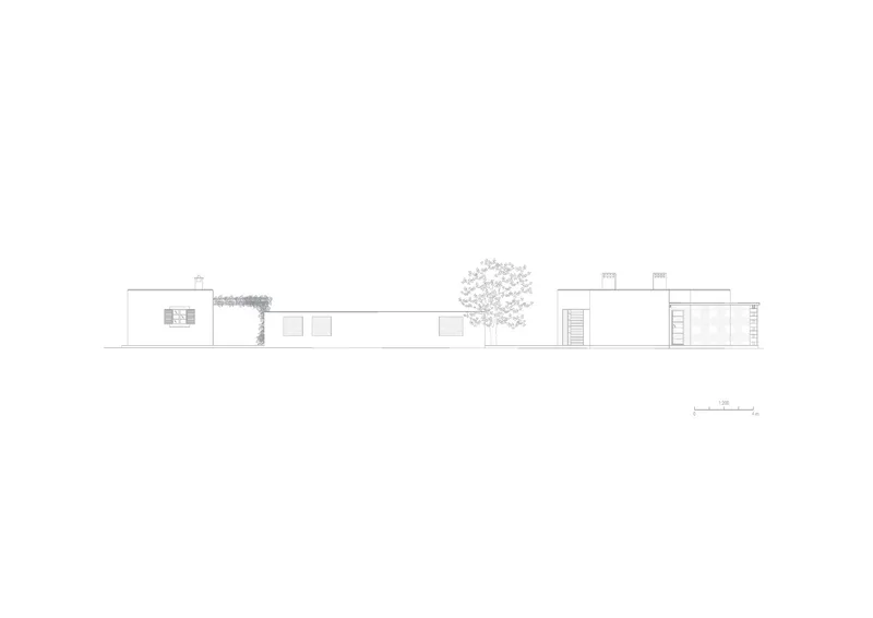 Elevation drawing showing horizontal masses with a tree and louvered screens punctuating the facade