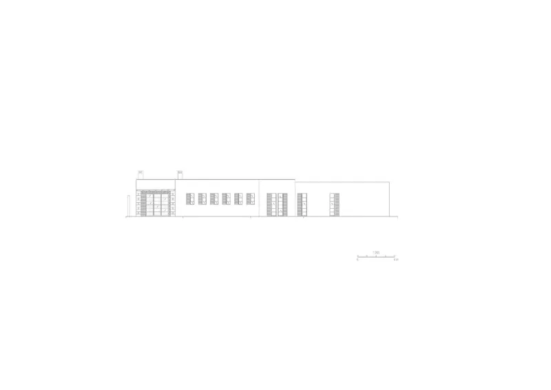 Elevation drawing showing a single-story structure with shuttered windows and chimneys along a horizontal roofline