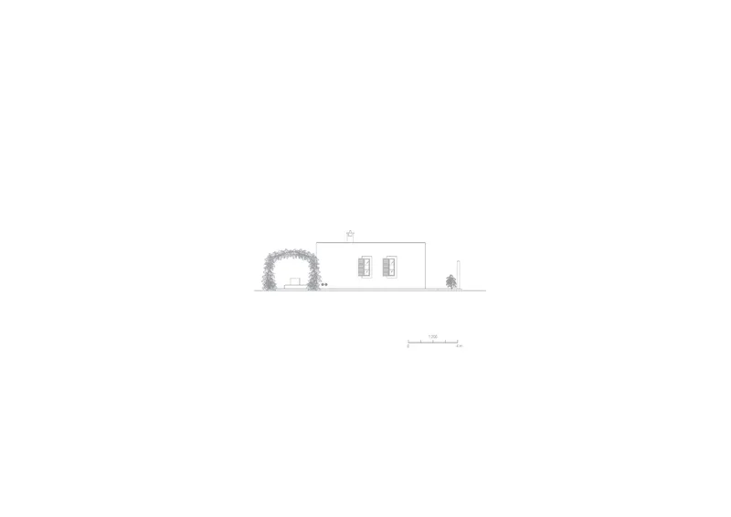 Elevation drawing depicting a low volume with arched opening and two shuttered windows