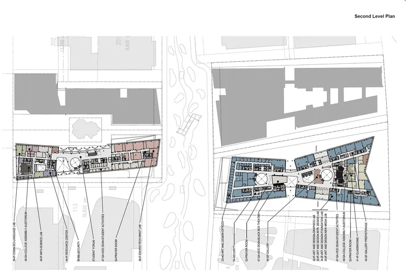 Second level floor plan drawing showing two irregular building footprints with diagonal street annotations below