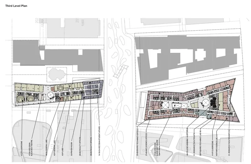 Third level floor plan drawing displaying interior room layouts and central circular elements in both structures