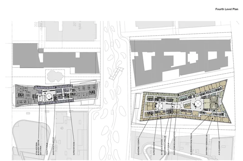 Fourth level floor plan drawing revealing perimeter circulation and internal room divisions across the pinched volumes