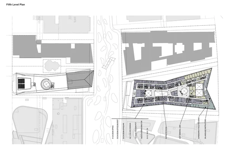 Fifth level floor plan drawing depicting reduced floor area with rooftop elements and voids in both buildings