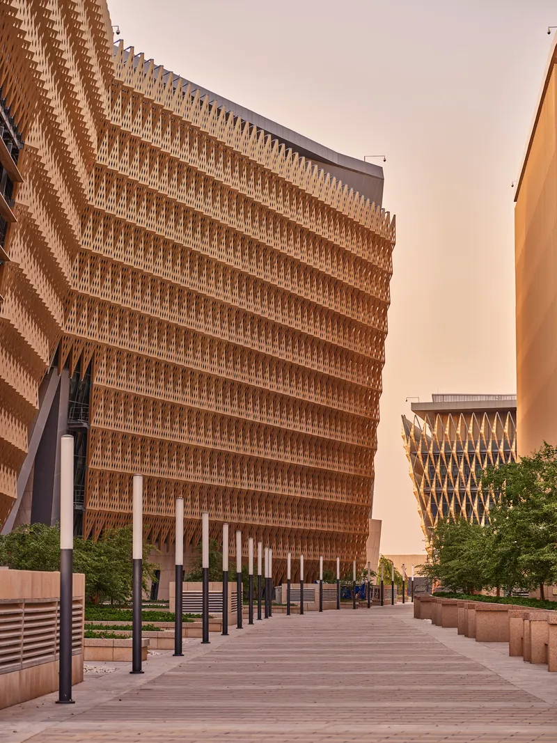 Pedestrian pathway flanked by buildings with patterned timber brise-soleil facades under an overcast sky
