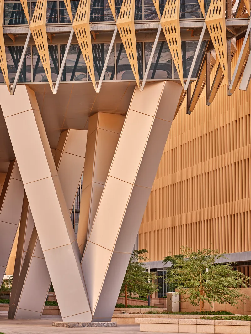 White diagonal structural columns supporting timber lattice screens above a planted terrace with small trees