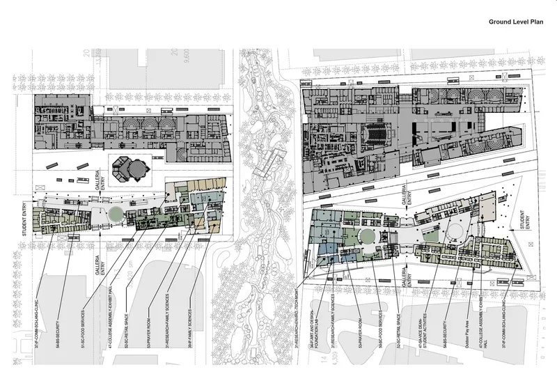 Ground level plan drawing showing two buildings separated by a landscaped corridor with labeled zones