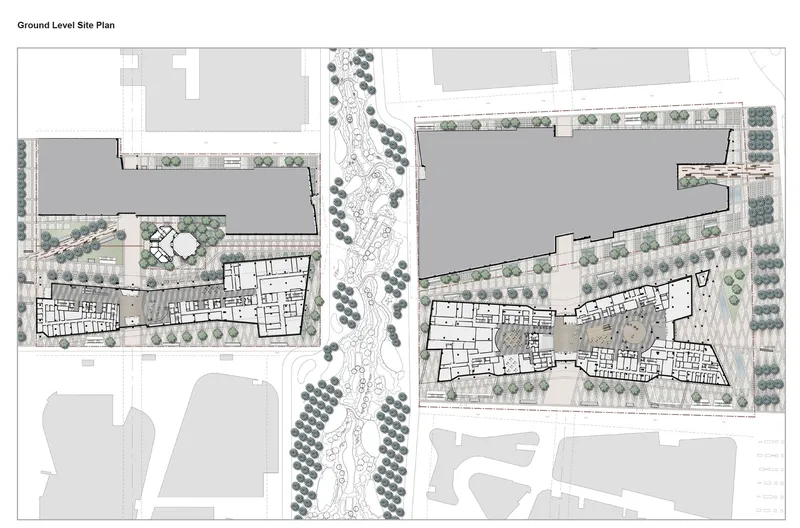 Site plan drawing showing two buildings flanking a central planted corridor with tree symbols