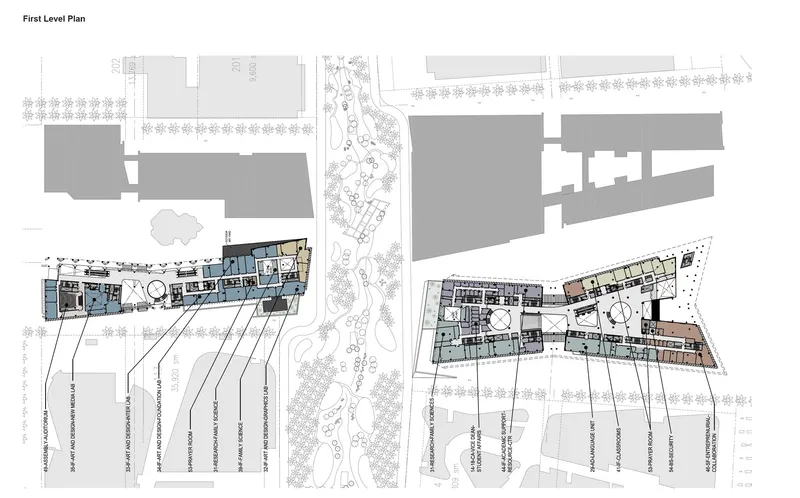 First level plan drawing showing interior layouts of two connected buildings with color-coded program areas