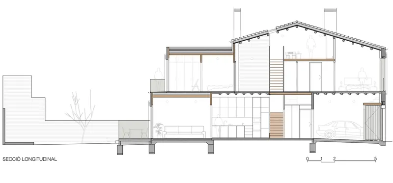Longitudinal section drawing revealing multi-level interior spaces with timber structure and pitched roof