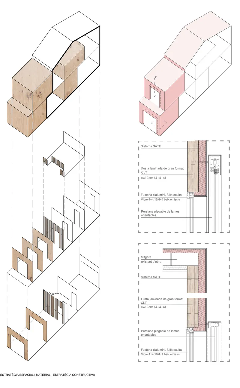 Isometric diagrams illustrating spatial strategy and construction details with timber and masonry assemblies