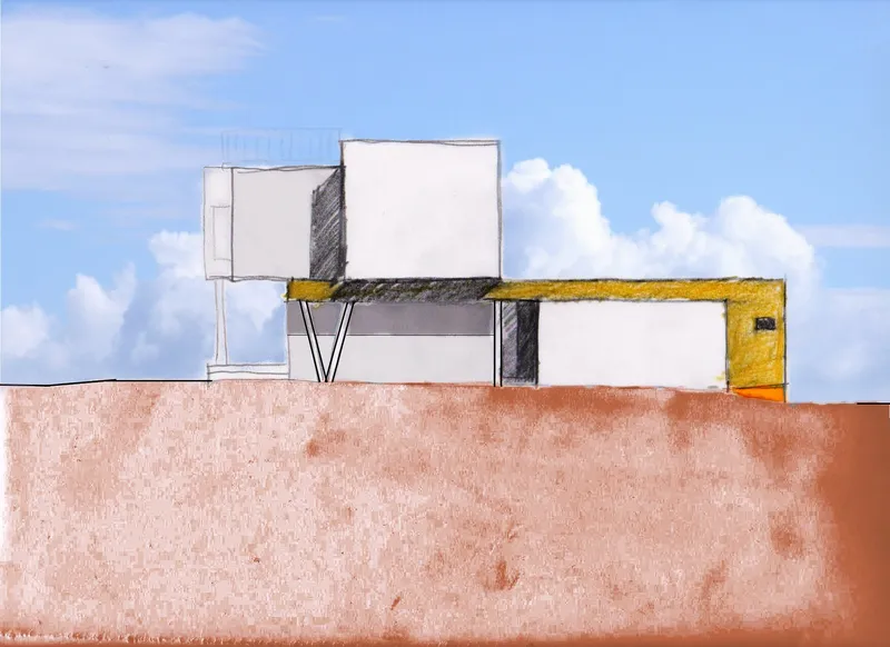 Elevation drawing showing stacked white and yellow volumes cantilevered over a terracotta-colored earth berm