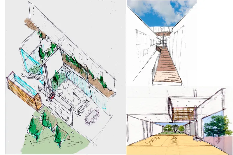 Axonometric and perspective sketches depicting terraced levels with planted courtyards and a timber staircase open to sky