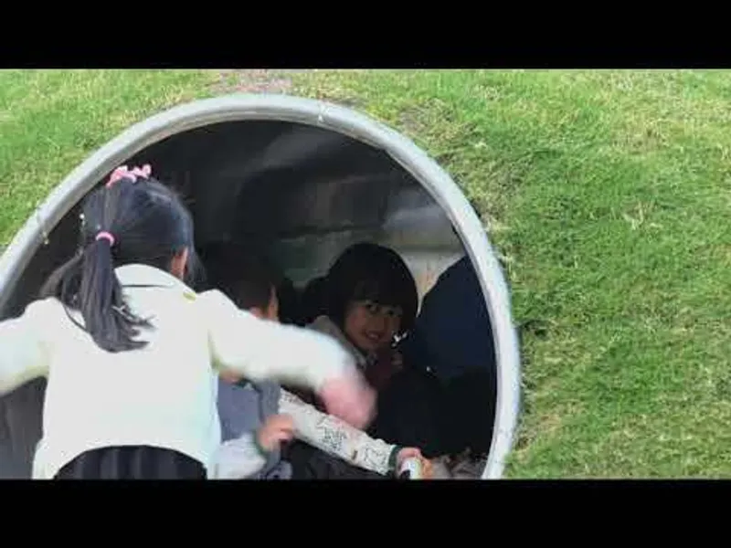 Round concrete tunnel embedded in a grassy slope with children crawling through