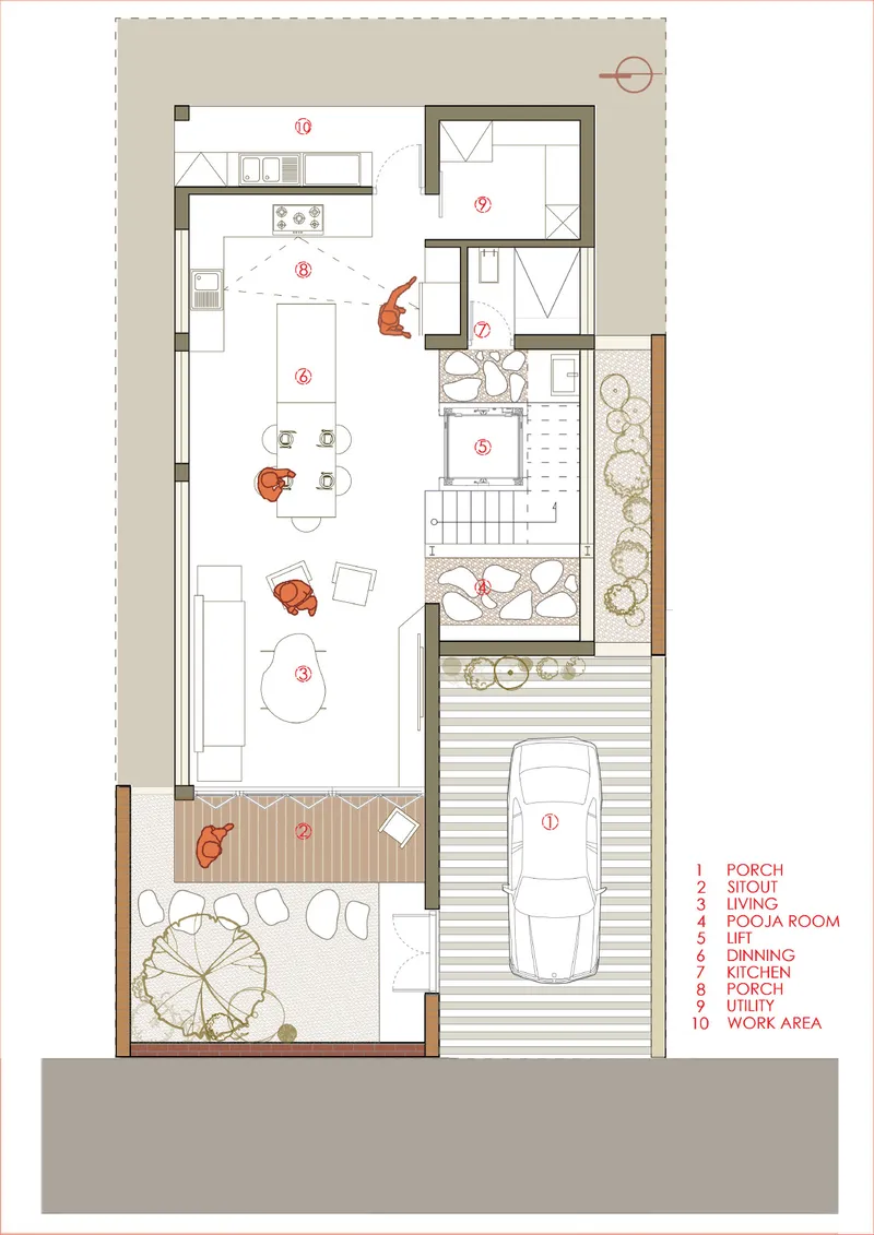 Floor plan drawing showing ground level with open living areas, kitchen and timber deck terrace