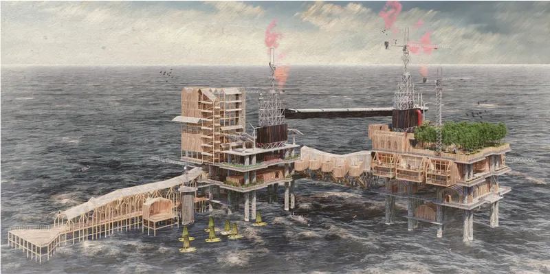 Aerial perspective revealing interconnected platforms, research spaces, and public zones suspended above the open sea.