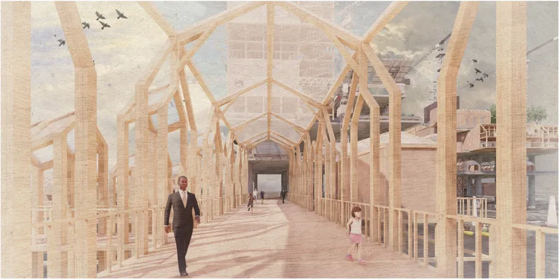 Light-filled pedestrian walkway creates a contemplative journey across the water toward the repurposed oil rig.