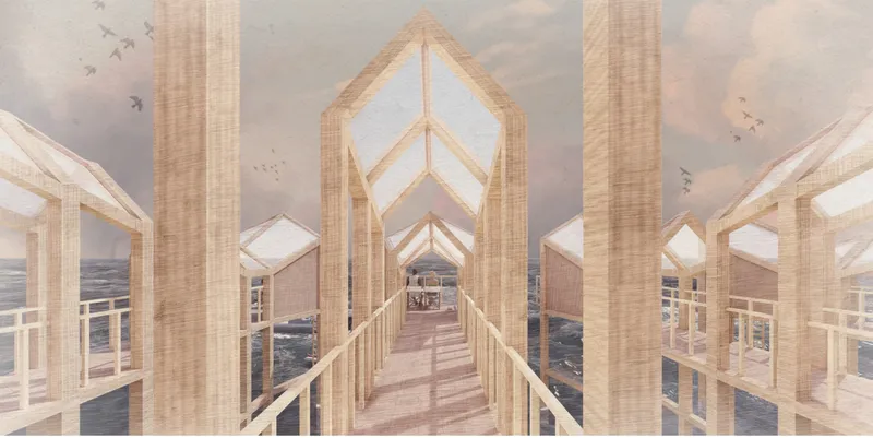 A modular timber pathway frames uninterrupted views of the sea while guiding visitors through the floating complex.