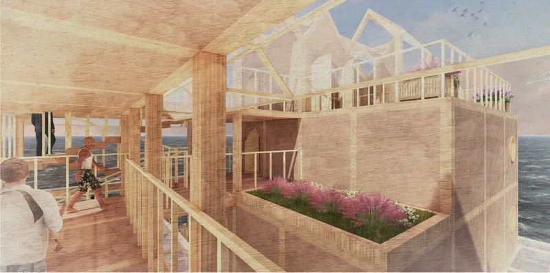 Public terraces and circulation spaces integrate planting, gathering areas, and panoramic ocean views throughout the island.