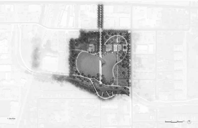 Site plan drawing showing curved pavilion structure surrounded by pathways and tree clusters in the park