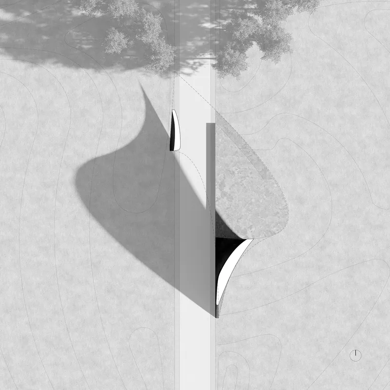 Aerial view of the curved canopy roof casting shadows on the concrete plaza below