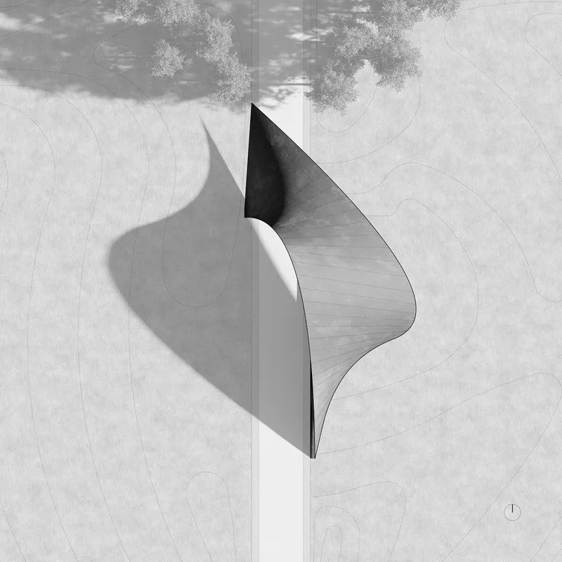 Top-down view revealing the ribbed metal underside of the curved performance pavilion roof in daylight