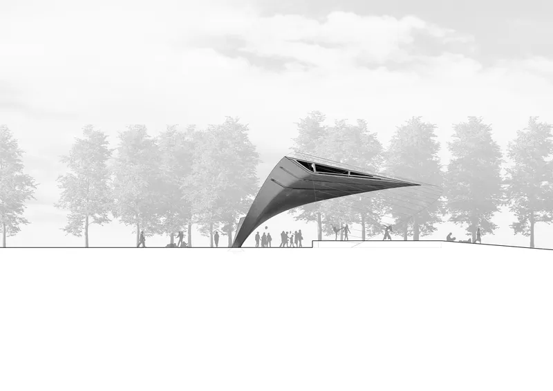 Elevation drawing of an angular canopy structure with silhouetted figures and trees beneath