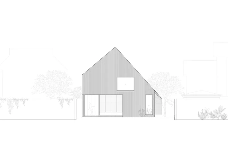 Elevation drawing showing a gabled volume with vertical cladding and glazed openings flanked by landscape elements