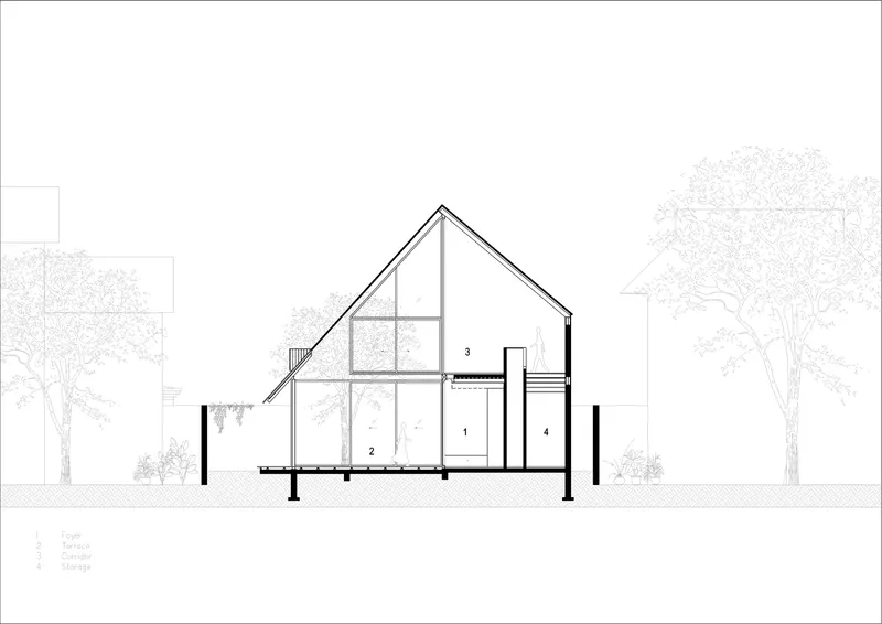 Section drawing through a gabled house showing interior volumes, columns, and adjacent trees