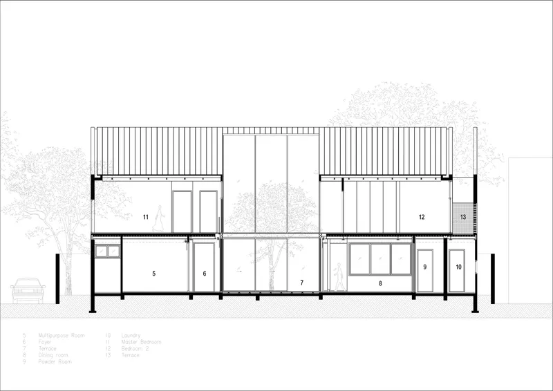 Long section drawing showing multiple interior levels organized around a central courtyard with tree canopy