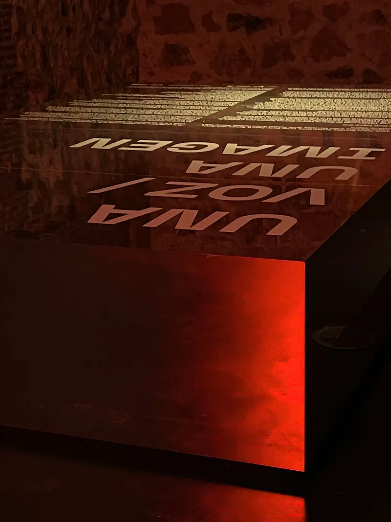 Angled view of an illuminated red metal panel with reversed text against a textured wall