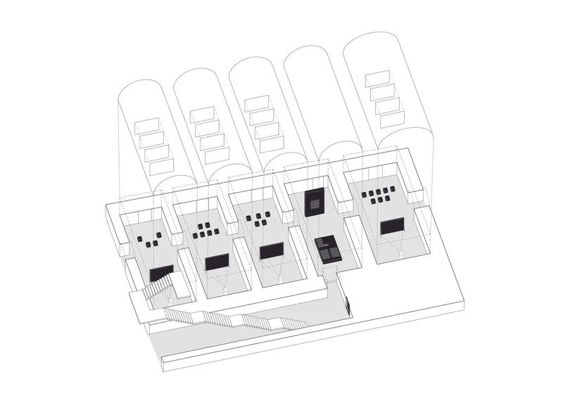 Axonometric drawing showing five vaulted volumes connected by a circulation spine with scattered interior blocks