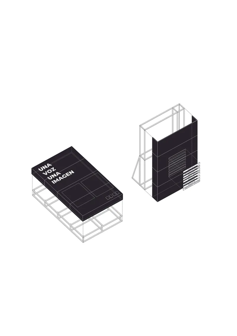 Isometric drawing showing two volumes with exposed structural frames and solid black cladding elements