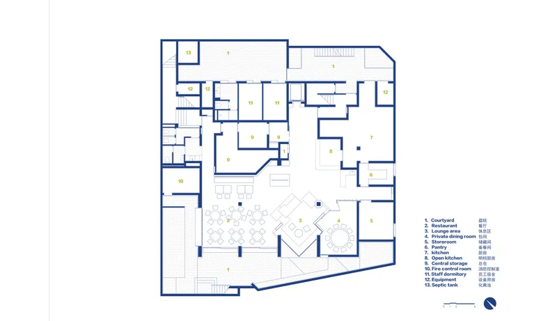 Floor plan drawing showing restaurant and lounge areas surrounding a central courtyard with diagonal grid paving