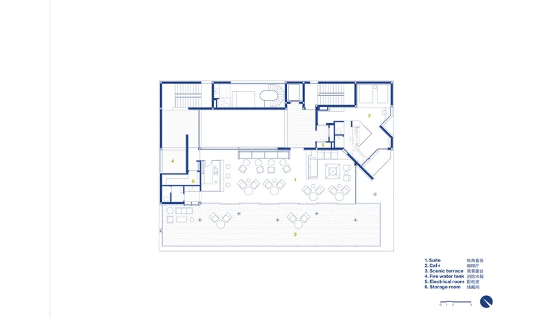 Floor plan drawing depicting cafe and terrace spaces with an outdoor deck extending from the main volume