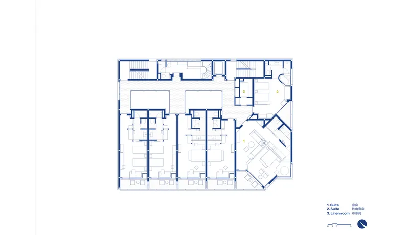 Floor plan drawing showing multiple suite rooms with ensuite bathrooms arranged along a corridor