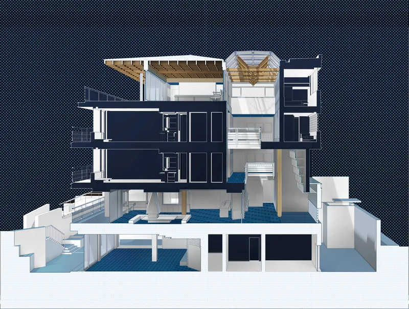 Section model showing multi-level interior spaces with timber roof structure and terraces