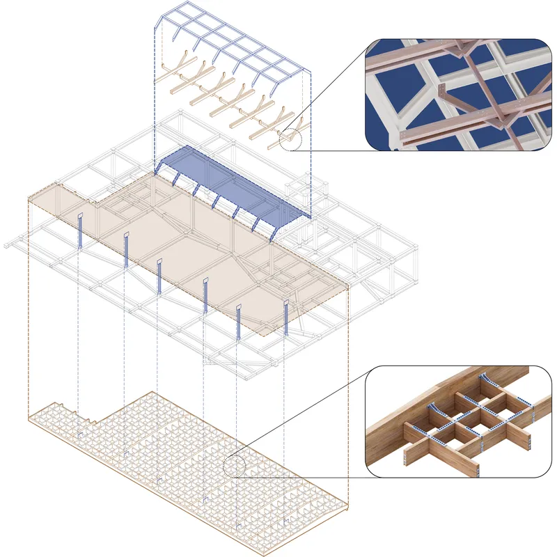 Axonometric drawing showing structural system with timber grid roof and steel columns with detail callouts