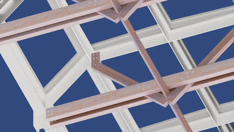 Detail rendering of interlocking timber beams forming a diagonal lattice ceiling structure