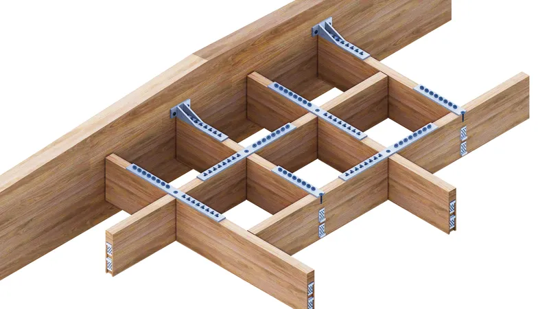 Isometric detail of timber beam joinery with steel connection plates at grid intersections