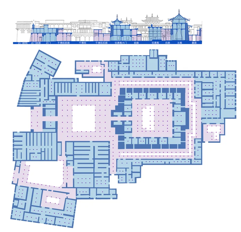 Floor plan and elevation drawing showing a large building complex with central courtyard