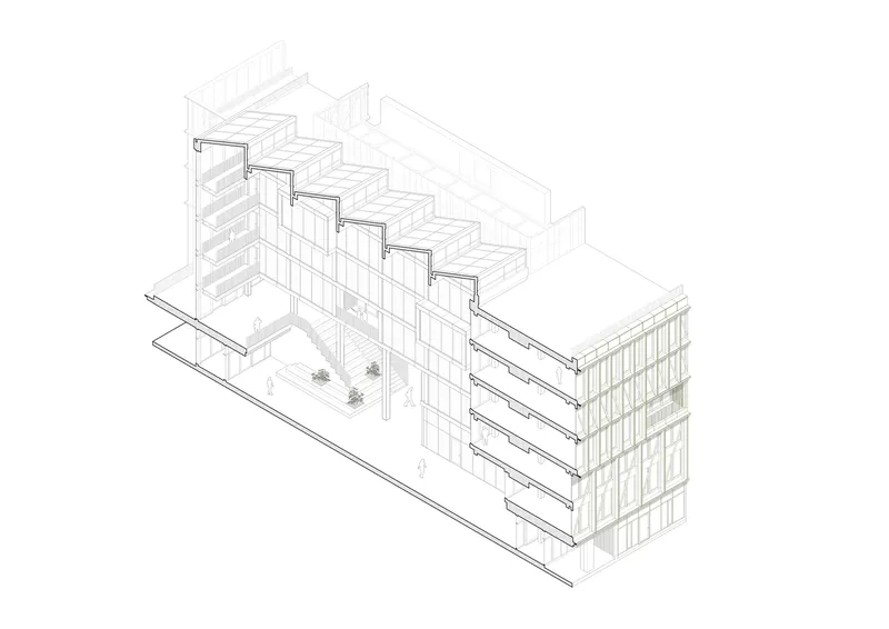 Axonometric drawing revealing stepped volumes with courtyard and cantilevered horizontal floor plates
