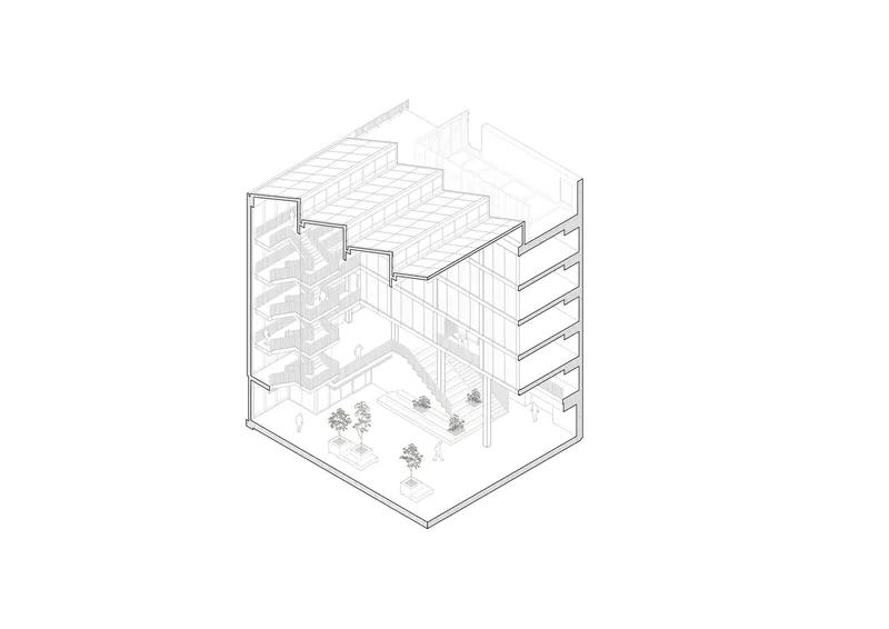 Isometric drawing showing internal courtyard with trees and staggered massing around open space
